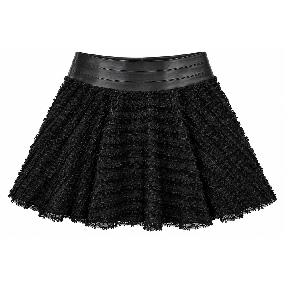 Milly Black Textured Circle Skirt with Faux Leather Waistband Size 10